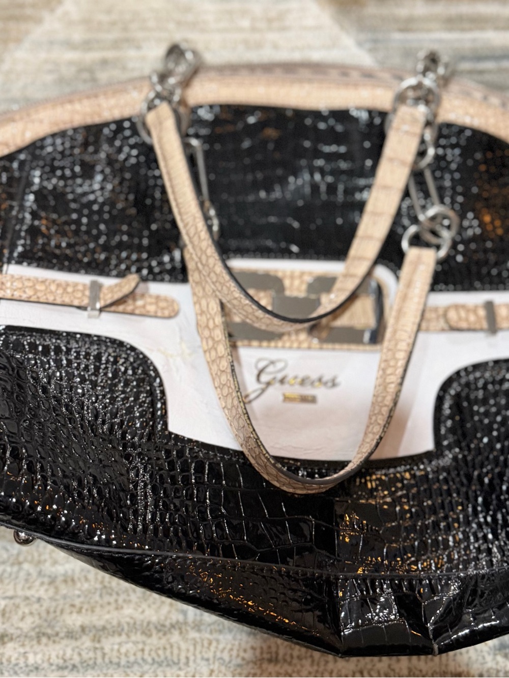 GUESS Black Croc-Embossed Satchel with Beige Trim and White Accent